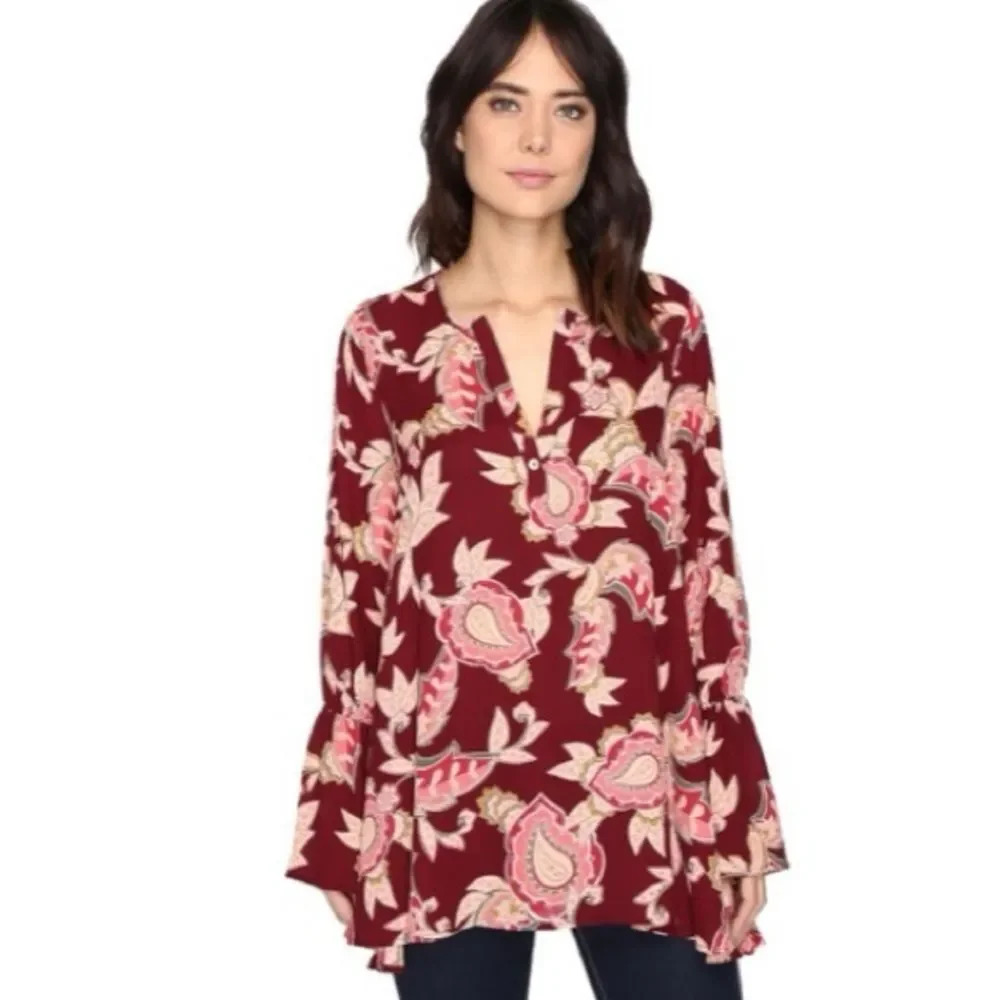 Show Me Your Mumu Perveen Tunic Top Blouse, small. Burgundy flowy floral red